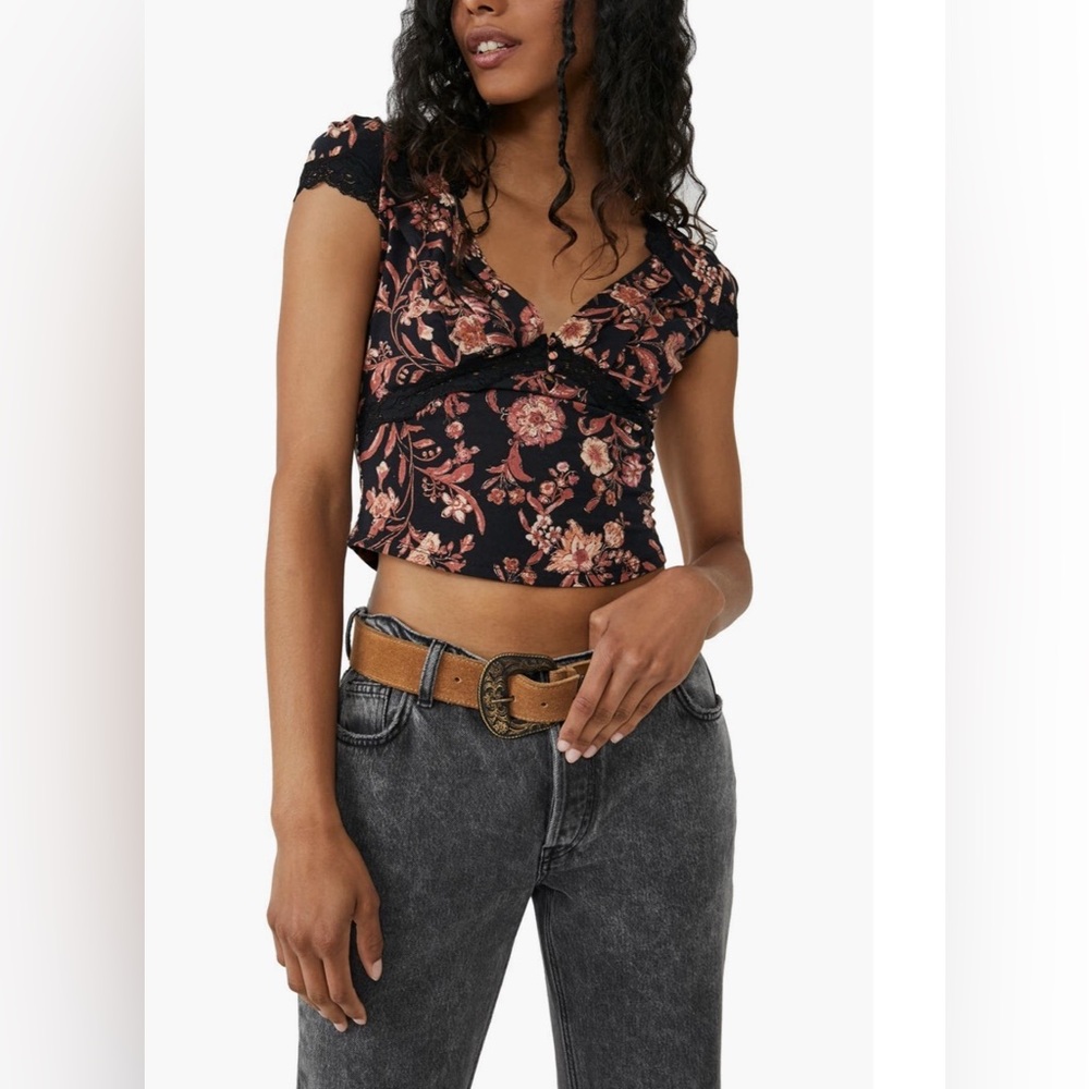 Free People Black Floral Lace Trim Cropped Blouse